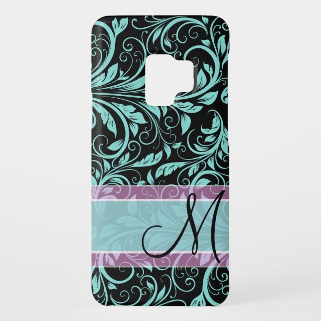Elegant teal blue and black damask with monogram Case-Mate samsung galaxy case (Back)