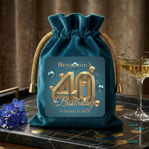 Elegant Teal Blue and Gold 40th Birthday Party Square Sticker