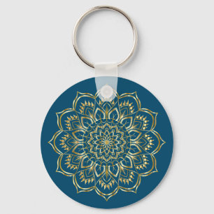 Elegant Teal Blue and Gold Floral Mandala Pattern Keychain