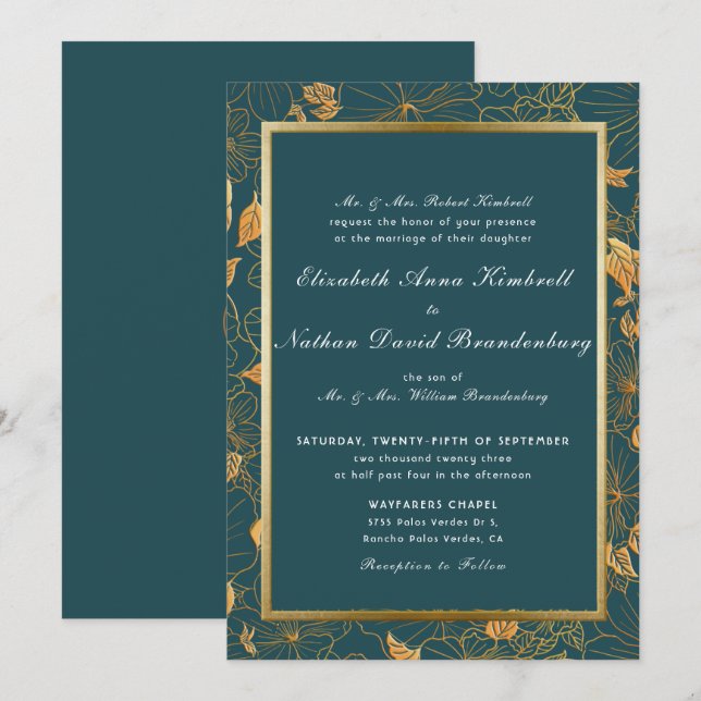 Elegant Teal Blue And Gold Floral Wedding  Invitation (Front/Back)