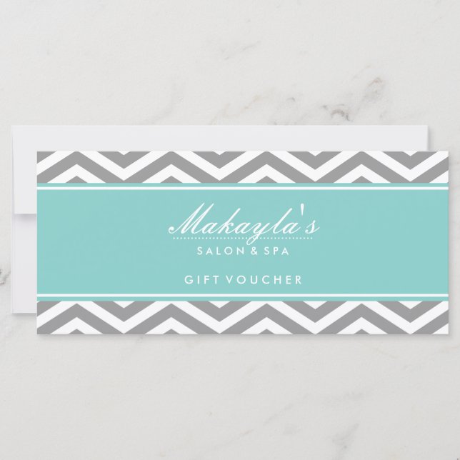 Elegant Teal Blue and Grey Chevron Gift Voucher (Front)