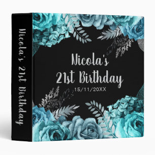Elegant Teal Blue and Silver Flower Birthday Party Binder