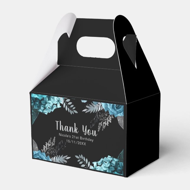 Elegant Teal Blue and Silver Flower Birthday Party Favor Box (Front Side)