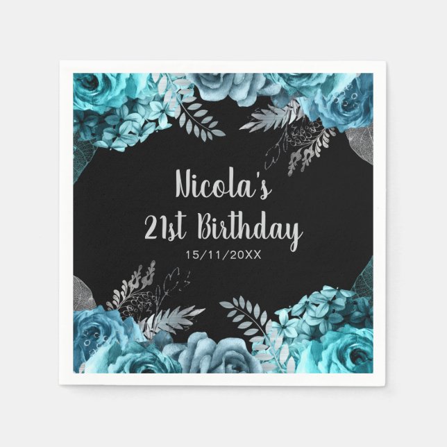 Elegant Teal Blue and Silver Flower Birthday Party Napkin (Front)