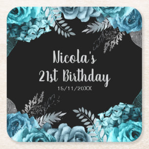 Elegant Teal Blue and Silver Flower Birthday Party Square Paper Coaster