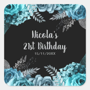 Elegant Teal Blue and Silver Flower Birthday Party Square Sticker