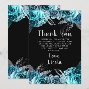 Elegant Teal Blue and Silver Flower Birthday Party Thank You Card