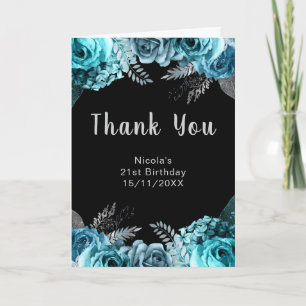 Elegant Teal Blue and Silver Flower Birthday Party Thank You Card