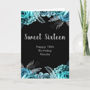 Elegant Teal Blue and Silver Flowers Sweet Sixteen Card