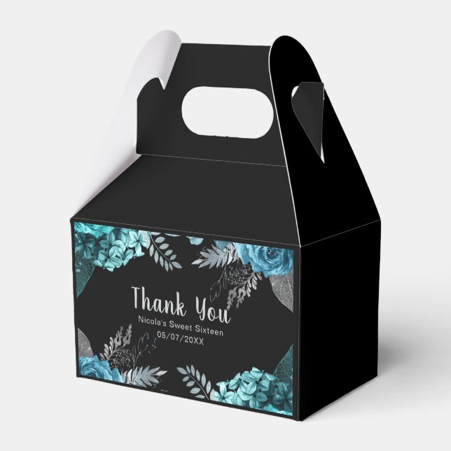 Elegant Teal Blue and Silver Flowers Sweet Sixteen Favor Box (Front Side)
