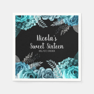 Elegant Teal Blue and Silver Flowers Sweet Sixteen Napkin