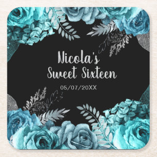 Elegant Teal Blue and Silver Flowers Sweet Sixteen Square Paper Coaster