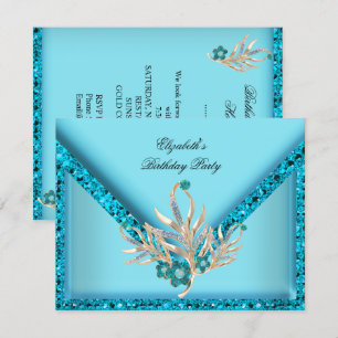 Elegant Teal Blue Aqua Glitter Birthday Party Invitation