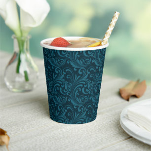 Elegant Teal Blue Baroque Floral Pattern  Paper Cups