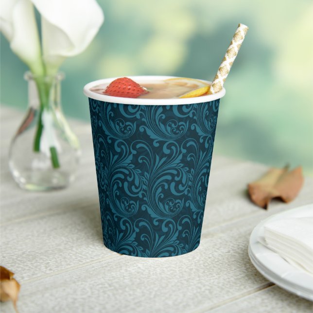 Elegant Teal Blue Baroque Floral Pattern  Paper Cups (Insitu)