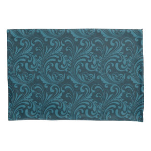 Elegant Teal Blue Baroque Floral Pattern  Pillowcase