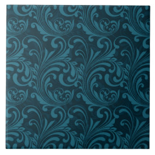 Elegant Teal Blue Baroque Floral Pattern Tile