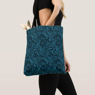 Elegant Teal Blue Baroque Floral Pattern Tote Bag