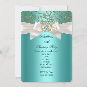 Elegant Teal Blue Birthday Party Damask Cream Invitation