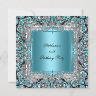 Elegant Teal Blue Birthday Party Silver Black Invitation