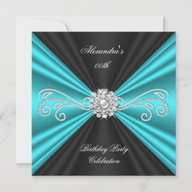 Elegant Teal Blue Black Diamond Birthday Party Invitation (Front)