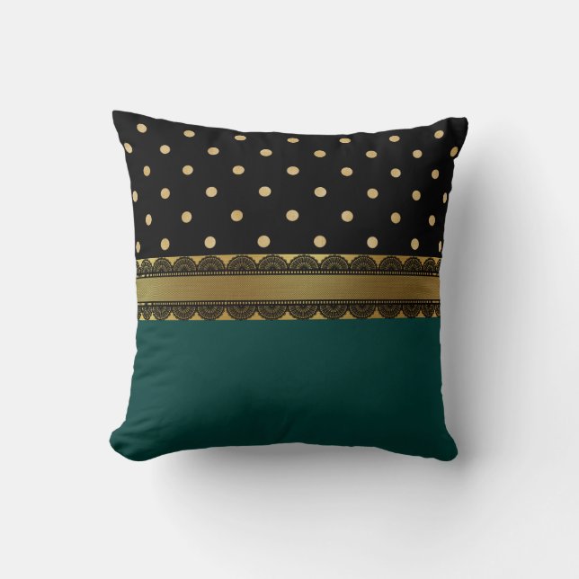 Elegant Teal Blue, Black & Gold Filigree Pattern Throw Pillow (Front)