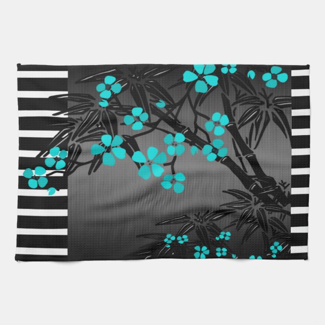 Elegant Teal Blue Blossom Black Asian Bamboo Kitchen Towel (Horizontal)