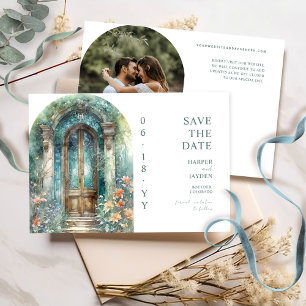 Elegant Teal Blue Botanical Garden Photo Wedding Save The Date