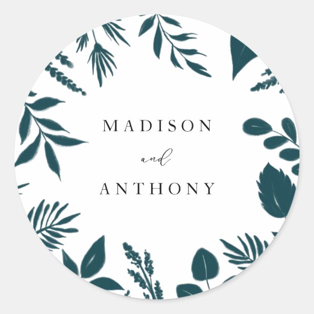 Elegant Teal Blue Botanical Wedding Classic Round Sticker (Front)