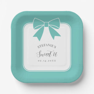 Elegant Teal Blue Bow Sweet 16 Girl Birthday Party Paper Plate