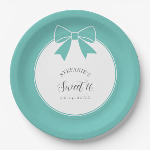 Elegant Teal Blue Bow Sweet 16 Girl Birthday Party Paper Plate