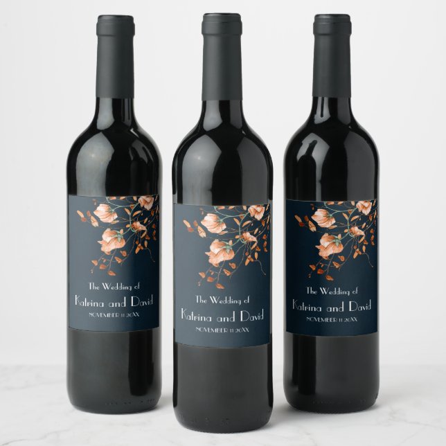 Elegant Teal Blue Burnt Orange Floral Wine Label (Bottles)