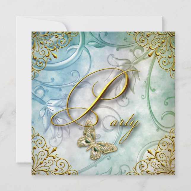 Elegant Teal Blue Butterfly Floral Gold Party Invitation (Front)