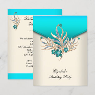 Elegant Teal Blue Cream White Jewel Birthday Party Invitation