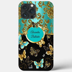 Elegant Teal Blue Damask Floral Butterfly Gold iPhone 13 Pro Max Case