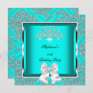 Elegant Teal Blue Damask Silver Birthday Party Invitation