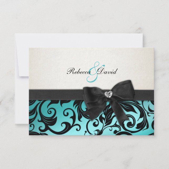 Elegant Teal Blue Damask with diamond RSVP (Front)