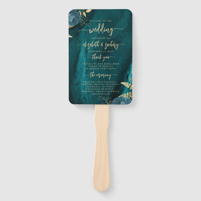 Elegant Teal Blue Floral Agate Wedding Program Hand Fan (Front)