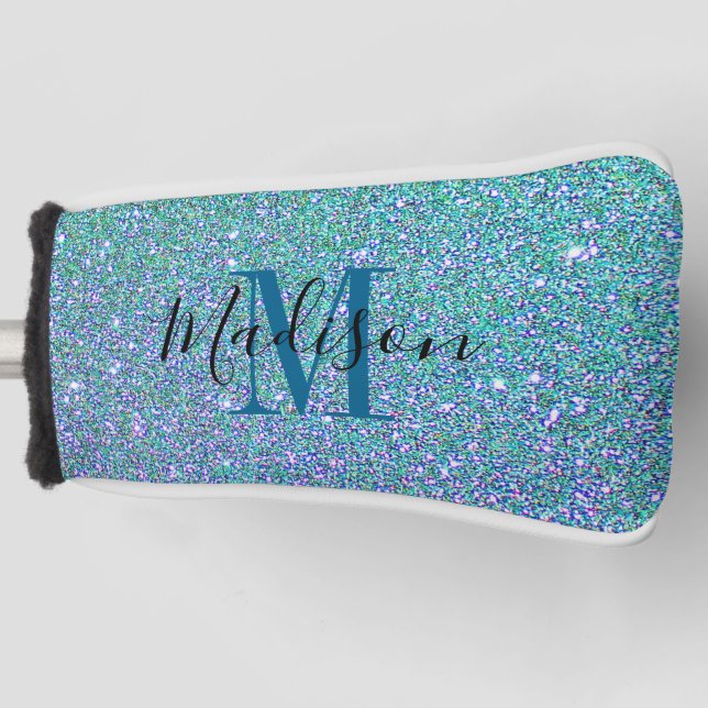 Elegant Teal Blue Glitter Sparkle Monogram Golf Head Cover (Front)