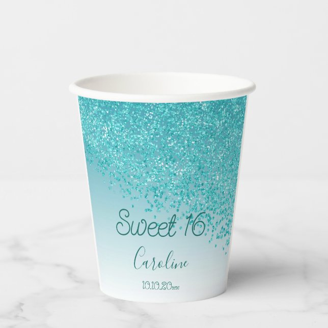 Elegant Teal Blue Glitter Sweet 16 Birthday Paper Cups (Front)