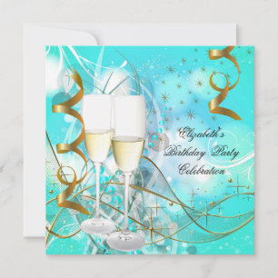 Elegant Teal Blue Gold Birthday Party Champagne Invitation