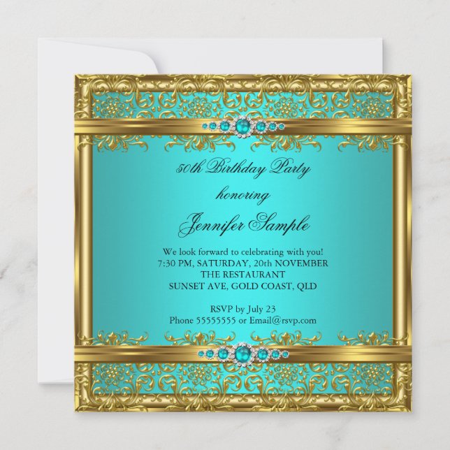 Elegant Teal Blue Gold Damask Diamond Birthday Invitation (Front)