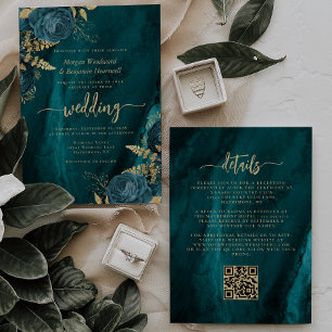 Elegant Teal Blue Gold Floral QR Code Wedding Invitation