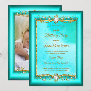 Elegant teal blue Gold photo Birthday Party Invitation