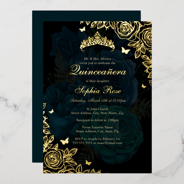 Elegant Teal Blue Gold Rose Quinceanera (Front/Back)