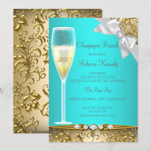 Elegant Teal Blue Gold White Champagne Brunch Invitation
