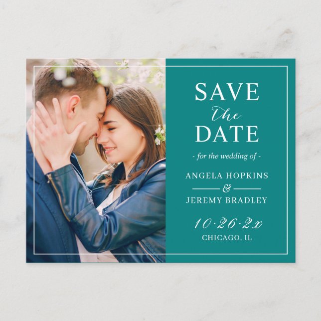Elegant Teal Blue Green Modern Photo Save the Date Postcard (Front)