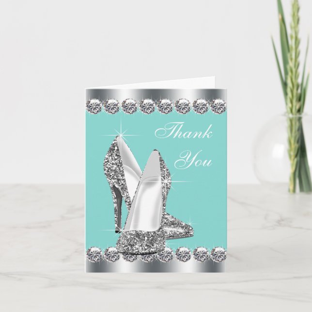 Elegant Teal Blue High Heel Shoe Thank You Cards (Front)