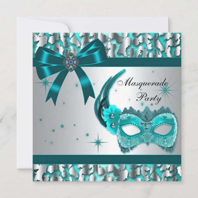 Elegant Teal Blue Leopard Masquerade Party Invitation (Front)
