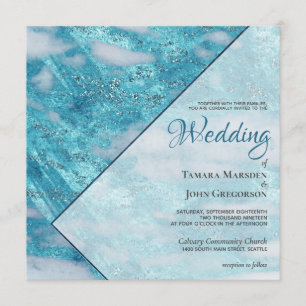 Elegant Teal Blue Marble Glitter Geometric Wedding Invitation